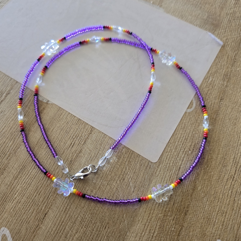 Purple Beaded Flower Necklace with Clear Accents